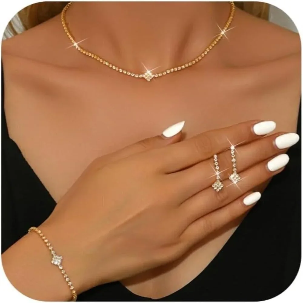 Bridal Jewelry Set Women Crystal Necklace Earrings Bracelet Formal Occasions